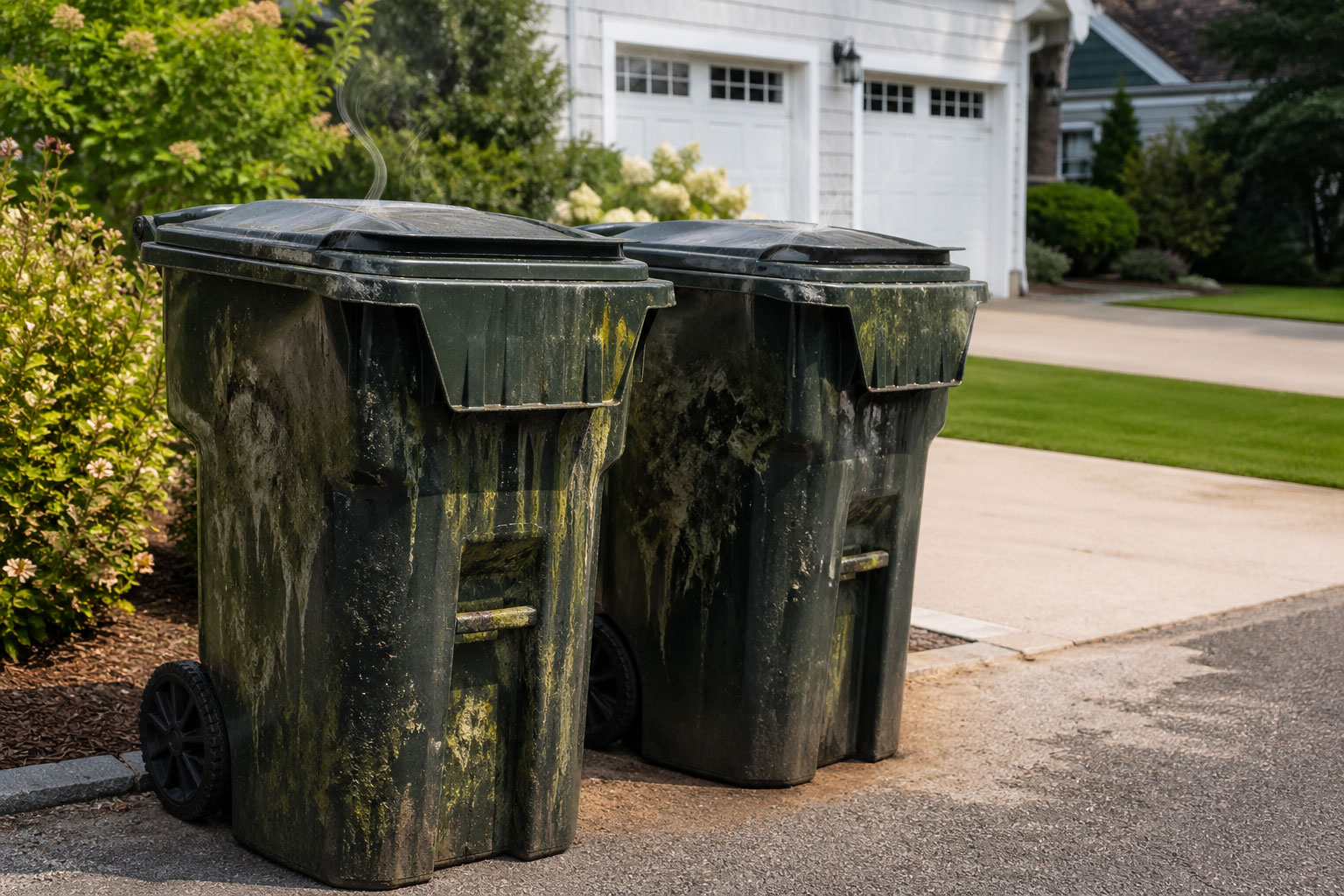 Smelly residential trash cans needing professional cleaning in Hampton NH