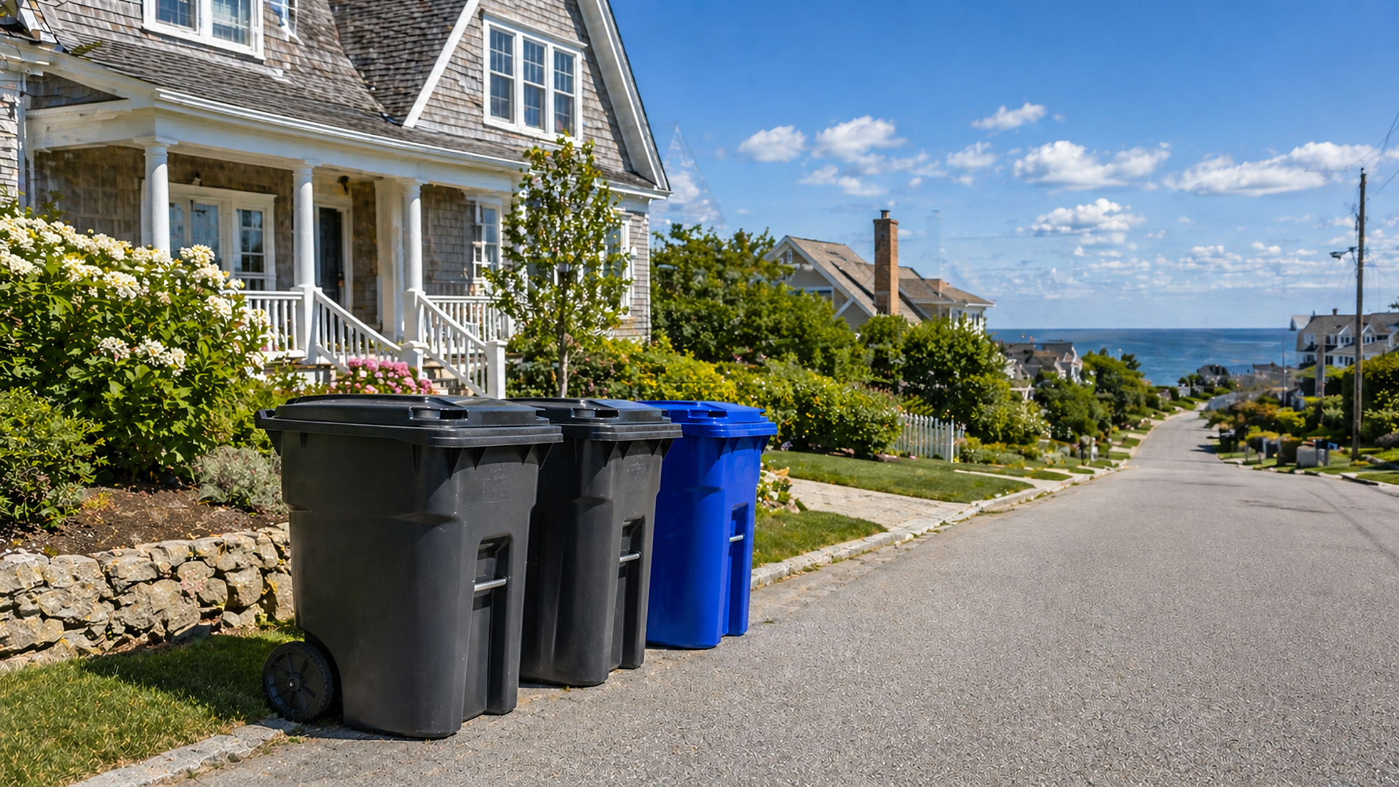 Clean residential trash bins in Hampton Beach NH coastal neighborhood